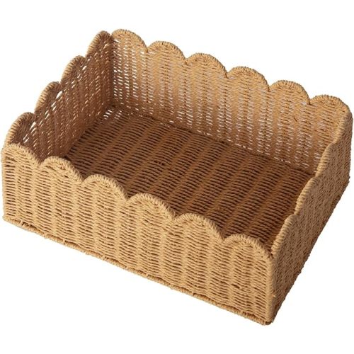 Scalloped Edge Basket, Wicker Storage Baskets, Hand Woven Baskets for Shelves,Natural Baskets for Organizing (M-14" L x 10.5" W x 6" H)