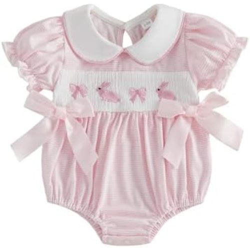 Baby Girl Easter Outfit Bunny Embroidery Onesie Infant Short Sleeve Bubble Romper Cute Easter Clothes