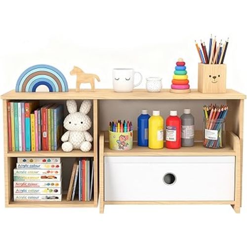 Kids Bookshelf with Bench, Toddler Table with Reading Nook, Montessori Shelf with Fabric Drawer, Toy Organizers and Storage for Kids Rooms, Nursery, Playroom, Bedroom, Natural
