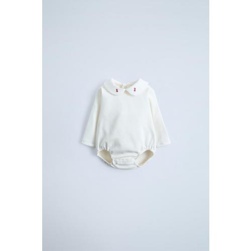 EMBROIDERED PETER PAN COLLAR BODYSUIT - Oyster-white | ZARA United States
