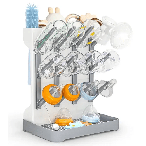 GoMaihe Baby Bottle Drying Rack: Space Saving Vertical Bottle Dryer Holder - Baby Accessories Storage Stand Organize Brushes Pacifiers on Countertop - BPA-Free - Gray