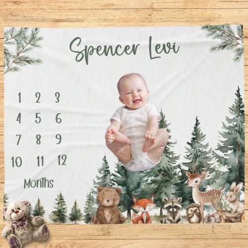 Woodland Milestone Blanket, Gender Neutral Monthly Baby Blanket, Forest Animal Blanket, Baby Shower Gift, Newborn Gift, Month Blanket