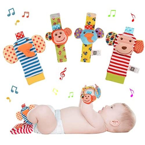 ThinkMax Baby Soft Rattle Toy, Foot Socks Wrists Rattles , Wrists Rattles for Baby,Ankle Sock Cotton and Plush Stuffed Infant Toys,