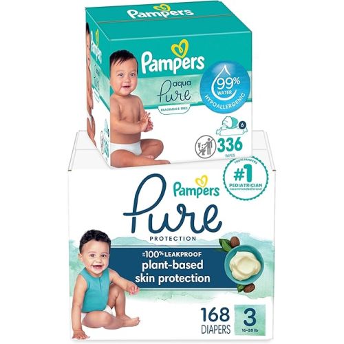 Pampers Pure Protection Disposable Baby Diapers Size 3, 168 Count with Aqua Pure Baby Wipes, 6X Pop-Top Packs (336 Count)