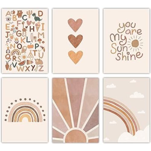 Canssape Set of 6 Baby Nursery Room Decor for Girl 8"x10" You Are My Sunshine Wall Decor | Boho Rainbow Decor for Girls Bedroom | Alphabet Watercolor Kids Wall Decor Nursery Wall Art Prints (Unframed)