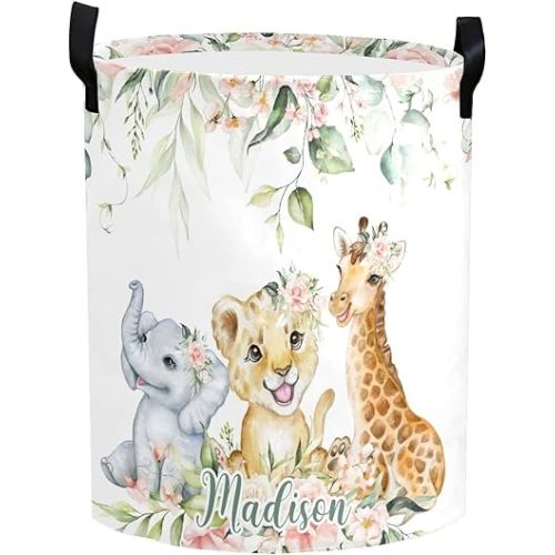 Personalized Laundry Basket Hamper,Floral Safari Jungle Animal,Collapsible Storage Baskets with Handles for Kids Room,Clothes, Nursery Decor