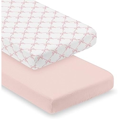 Sweet Jojo Designs 2-Piece Muslin Crib Sheets (Pink Bows) for Baby Girls, Infant Nursery, Toddler Room - Standard Size 100% Cotton Sheet Set (Solid Blush & Bow, Ballerina, Ballet Princess Collection)
