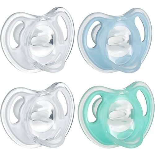 Tommee Tippee Ultra-Light Silicone Pacifier, 0-6 Months, Symmetrical One-Piece Design, BPA-Free Silicone Binkies, Clear/Blue/Green, Pack of 4