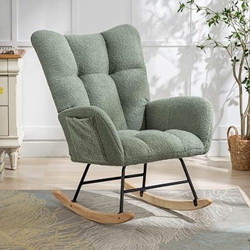 Rocking Chair Nursery, Teddy Upholstered Glider Rocker Rocking Accent Chair Padded Seat with High Backrest Armchair, Comfy Side Chair for Living Room Bedroom Office, Green