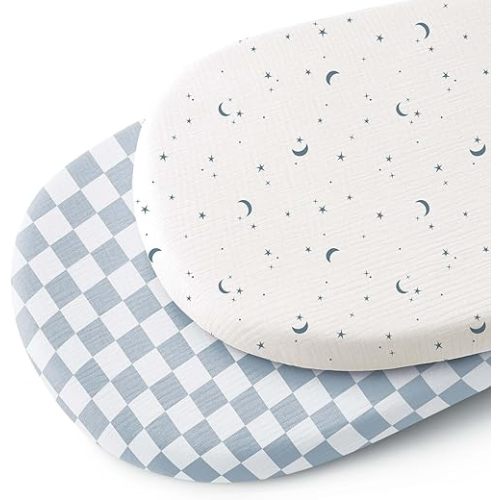 Konssy 2 Pack Muslin Bassinet Sheets for Baby Boy, 100% Cotton Soft Breathable Bassinet Mattress Sheets Fit for Hourglass Oval Cradle Rectangle Mattress (Dreamfield Sky,Baby Blue Plaid)