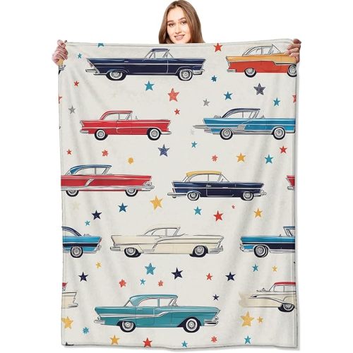 Retro Classic Car Blanket Vintage Automobile Throw Blankets with Colorful Classic Cars and Star,Birthday Gifts for Kids Adult,Lightweight Soft Fleece,for Sofa Couch Bed Room Decor 60x80in