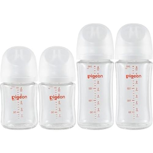 Pigeon Glass Nursing Baby Bottle Wide Neck (Pack of 4), Streamlined Body, Natural Feel, Easy to Clean, Heat-Resistant, 5.4Oz and 8.1 Oz (2S 2L)