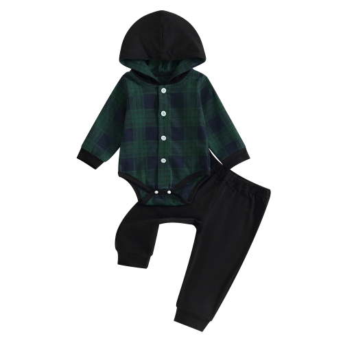 Qtinghua Baby Boy Fall Winter Outfits Plaids Long Sleeve Hooded Romper and Elastic Pants Clothes Green 0-3 Months