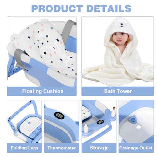 MoreFeel Collapsible Baby Bathtub for Newborn with Thermometer & 1 Hooded Towel & 1 Soft Floating Cushion,Portable Travel Bathtub with Drain Hole, Durable Foldable Baby Tubs for Infants to Toddler