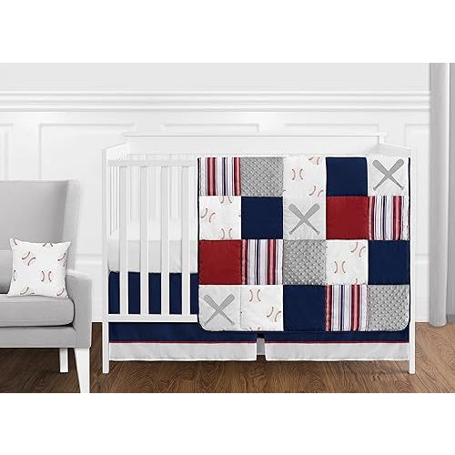 Sweet Jojo Designs 11-Piece Baby Crib Bedding Set (Baseball Patch Sports) for Boys, Infants/Nursery incl. Blanket, Fitted Sheet, Skirt, Diaper Stacker & Pillow (Red White & Blue, Americana, Patchwork)
