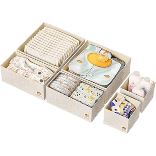 6 Pack Drawer Organizer for Baby Clothes, Linen Fabric Nursery Organizer for Baby Diaper, Collapsible Deep Fabric Drawer Organizer with Zipper for Socks, Bra, Towels, Ties, Beige