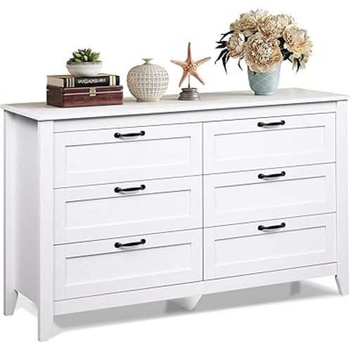 WLIVE 6 Drawer Dresser, Retro Chest of Drawers with Metal Handle, Double Wood Dresser for Bedroom, Living Room, Large Storage Cabinet, White