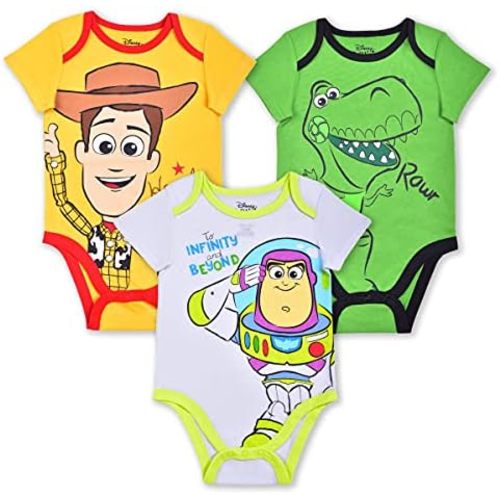 Disney Toy Story Boys Woody, Buzz Lightyear and Rex 3 Pack Bodysuit Creeper for Newborn and Infant – Yellow/Green/White