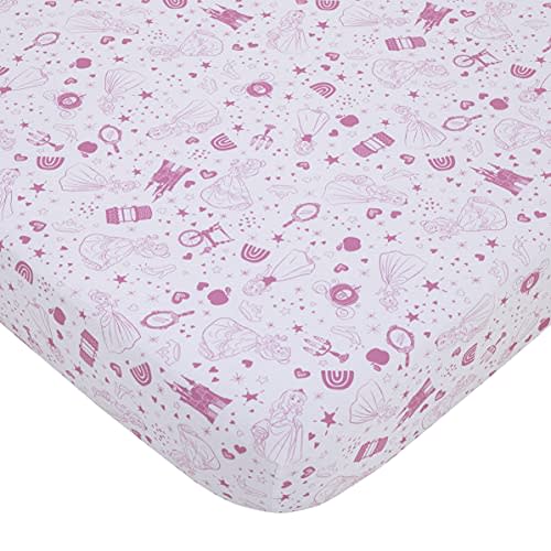 NoJo Disney Princess - Dare to Dream White & Pink Castle, Hearts & Stars Fitted Crib Sheet, Pink, White