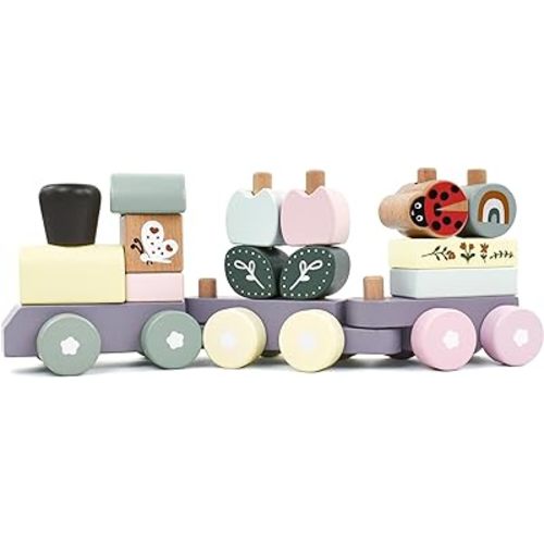 Wooden Stacking Train Toy Set,Wooden Building Blocks Train with Shape Sorter Early Learning Gift for Toddlers Boys Girls 12 Months and up