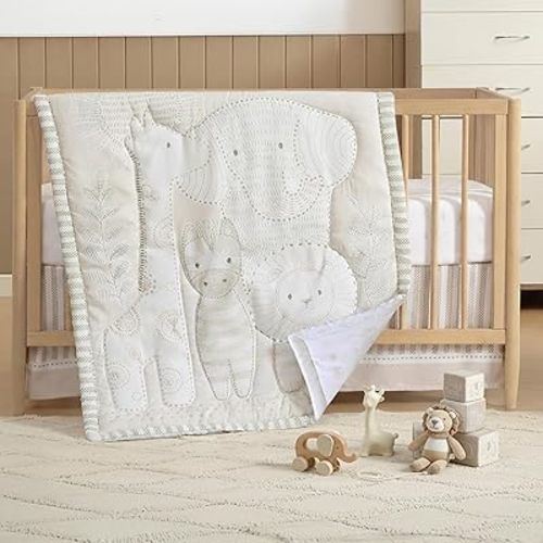 The Hōmistry 3-Piece Crib Bedding Set for Boys & Girls - Reversible Quilt, Fitted Sheet, Crib Skirt - Soft, Breathable & Durable Microfiber Baby Crib Bedding Set - Delicate Jungle Theme