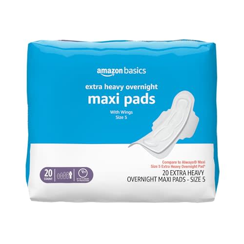 Amazon Basics Thick Maxi Pads with Wings for Periods - Extra Heavy Overnight Absorbency, Unscented, Size 5, 20 Count (Previously Solimo)