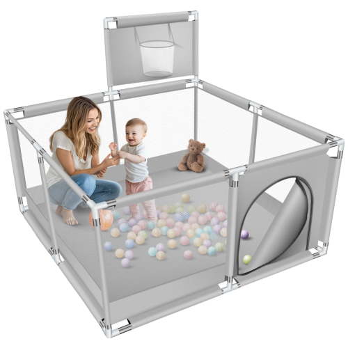 Baby Playpen, HDJ 50 inch Baby Playard with Basketball Hoop and Breathable Mesh, Baby Fence Game Center for Boy and Girls,Gray