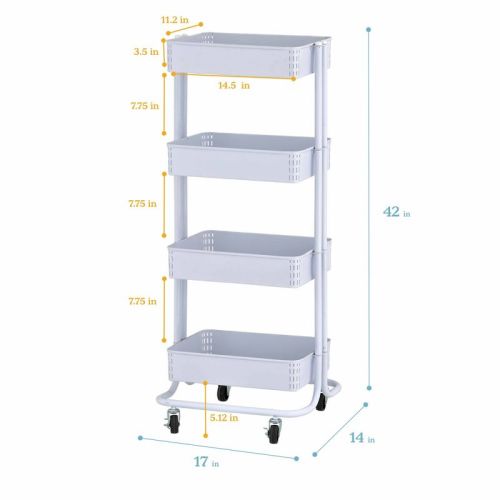 ECR4Kids 4-Tier Metal Rolling Utility Cart - Mobile Storage Organizer, Color: White - Out of Stock
