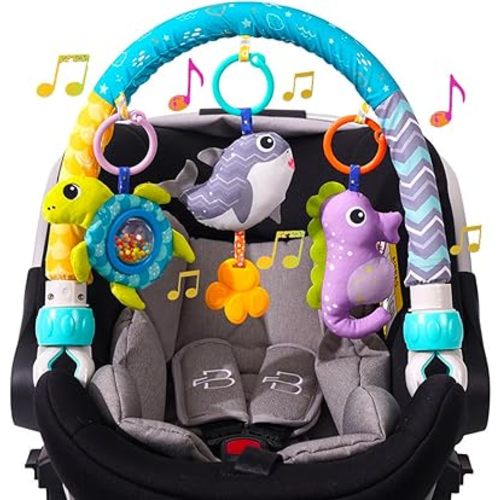 Baby Stroller Arch Toy, Clip On Arch Mobile for Bassinet with Universal Clamps, Activity Toy Bar for Bouncer Musical Crib Mobile Toys for Infants Car Seat Toys Rattle Turtle Music Whale
