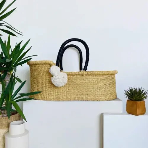 Natural African Moses Basket - Black Handle