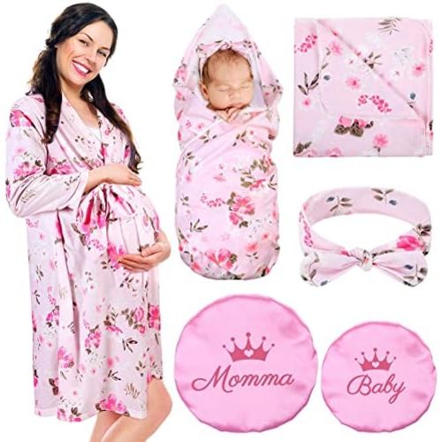 Mepase 5 Pcs Mommy and Me Robe Swaddle Headband Cap Set Including Maternity Robe Baby Blanket Headband Hat for Mom and Baby