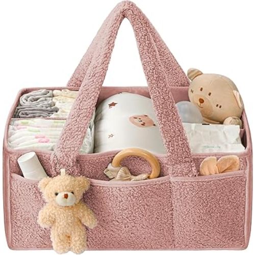 Diaper Caddy, Caddy Organizer for Baby Diapers, Portable Baby Basket for Changing Table, Diaper Caddy Organizer with Handle for Baby Essentials (Pink)