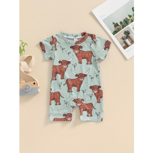 6-12 mth Baby Jumpsuit, Short Sleeve Crew Neck Cow Print Summer Romper Clothes for Girls Boys, for Outdoor