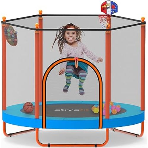 Ativafit 60'' Rebounder Trampoline Indoor Outdoor for Kids Ages 1-8, 5 FT Recreational Toddler Trampoline with Safety Enclosure Net Gifts with Basketball Hoop Dartboard Ocean Bal