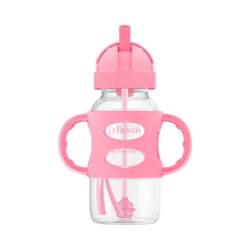 Dr. Brown's Milestones Wide-Neck Sippy Straw Bottle, 100% Silicone Handles, 9oz/270ml, 6m+, Pink, 1 Pack