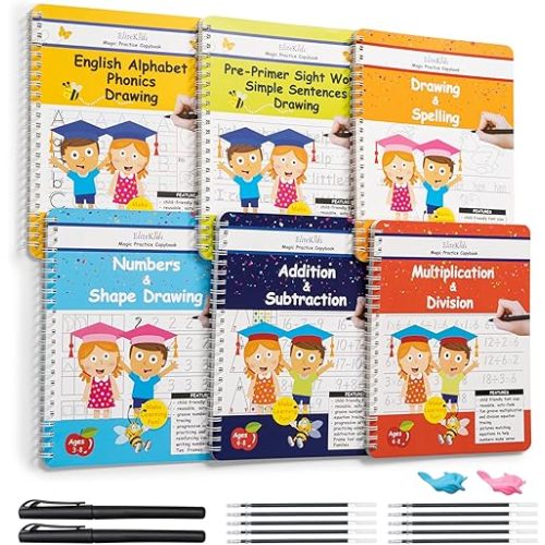 Magic Practice Copybook 6 Workbooks with Disappearing Ink Pens, Reusable Handwriting Practice for Kids, Calligraphy Practice Letter Tracing Books for Kids Ages 3-5 (8.7×6.9in)