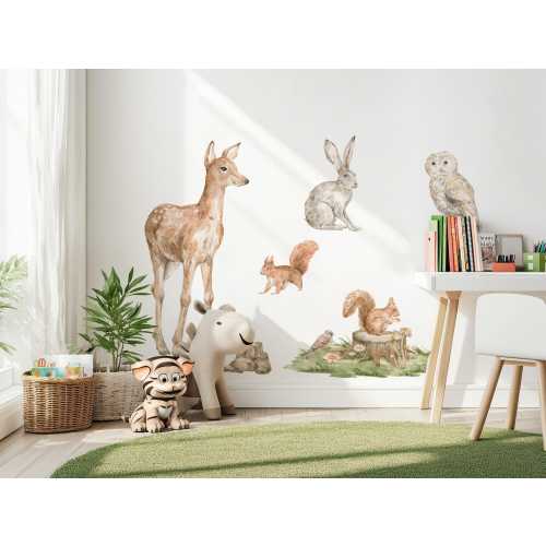 Forest Animal Wall Decal XXL – Deer, Owl, Hare & Squirrels in Watercolor – Woodland Nursery Wall Sticker – Boho Kids Room Decor