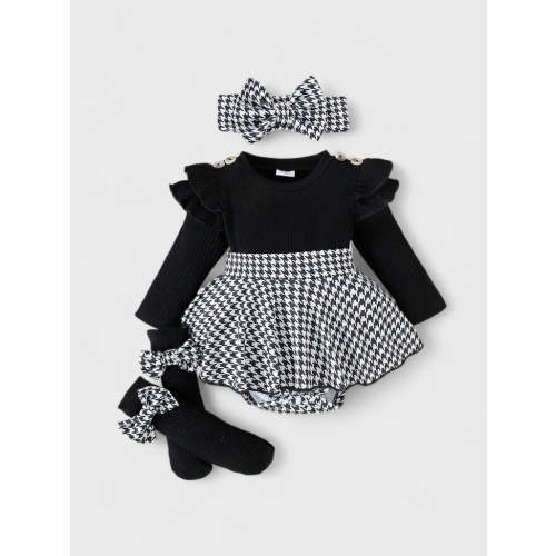 3 Pcs Baby Girl Houndstooth Bodysuit Socks set