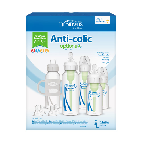 Dr. Brown's Natural Flow Anti-Colic Options+ First Year Baby Bottle Gift Set, Blue, 100% Silicone Sippy Spout & Handles, Newborn to Toddler, BPA free, 0m+