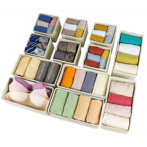 Fordonral Set of 12 Drawer Organizer, Fabric Closet Organizer and Storage Baskets,Foldable Drawer Divider for Clothing,Sock,Ties,Underwear Drawer Organizers,Set of Cabinet Storage Boxes (Beige)