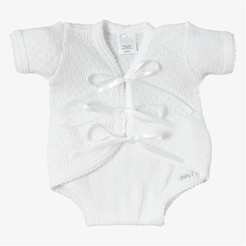 White Short Sleeve, Fold Over Creeper w/ Ribbon Ties | Preemie