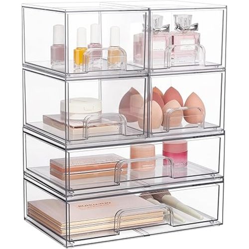 Vtopmart Stackable Storage Drawers Set of 6, 12" W and 4.4''H Clear Plastic Organizer Bins for Bathroom Supplies,Ideal for Cabinet,Pantry,Laundry Room Organization