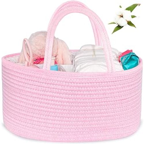 ABenkle Baby Diaper Caddy, Nursery Storage Bin and Car Organizer for Diapers and Baby Wipes, Cotton Rope Diaper Basket Caddy, Changing Table Diaper Storage Caddy Baby Gift Baskets, Pink