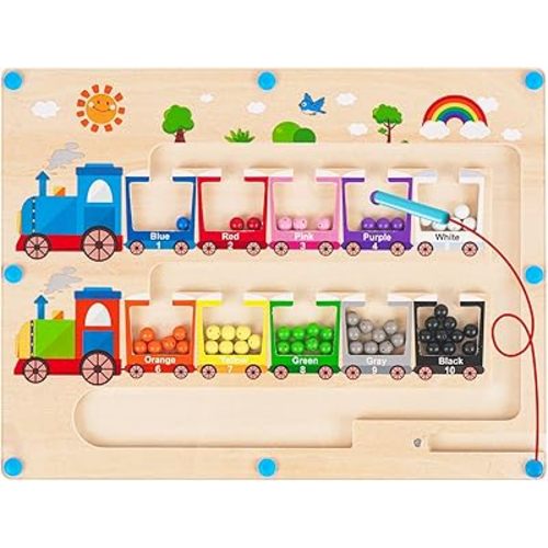 Magnetic Color and Number Maze, Montessori Toys for 2 3Year Old, Wooden Toddler Magnet Puzzles for Kids Girls Boys 2-4 3-5, Magnetic Board Train Learning Toys Birthday Gifts