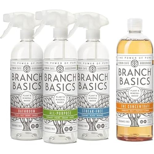 Branch Basics Cleaning Essentials Kit: All Purpose Spray, Glass Cleaner, and Bathroom Cleaner - Concentrate (33.8 Oz) + Plastic Spray Bottles for Cleaning (24 Oz) Non-Toxic, Fragrance-Free