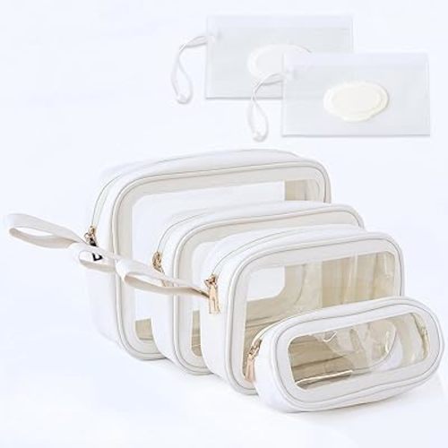 6-Piece Diaper Bag Organizer Pouches Set, TPU Waterproof Clear Packing Cubes Diaper Bag with 2 Reusable Wet Wipe Dispensers, TSA Approved Kids Toiletry Bag for Travel (Ivory)