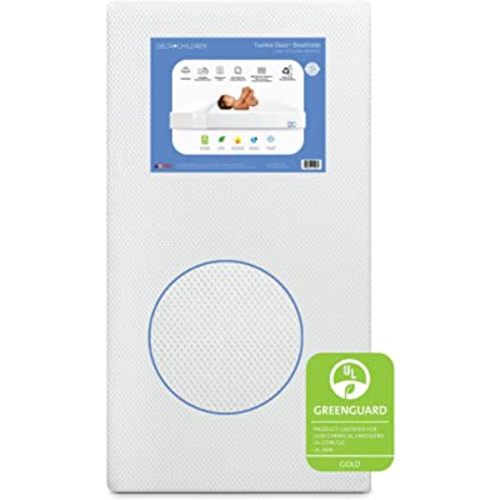 Delta Children Twinkle Stars Crib and Toddler Mattress with Breathable, Removable Machine-Washable Cover - GREENGUARD Gold - Waterproof Baby Bed - Sustainably Sourced Fiber Core - 52”Lx27.5”W, White