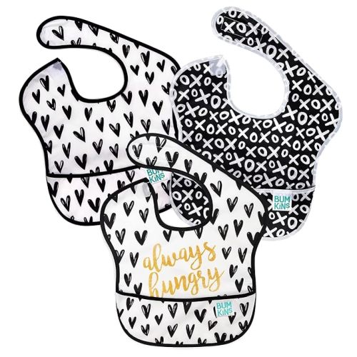 Bumkins Bibs for Girl or Boy, SuperBib Baby and Toddler for 6-24 Months, Essential Must Have for Eating, Feeding, Baby Led Weaning Supplies, Mess Saving Catch Food, Fabric 3-pk Hearts and XOXO - 3-Pack - D1 Always Hungry-3pk