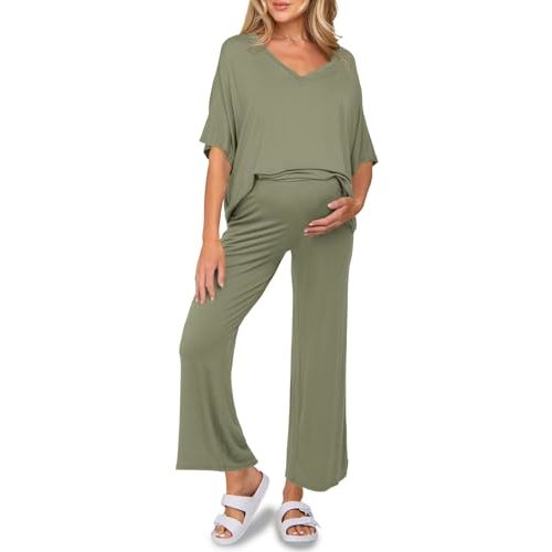 Tankaneo Womens Maternity Pajamas 2 Piece Lounge Set Soft Short Sleeve V Neck T-shirt Cropped Pants Pregnancy Loungewear