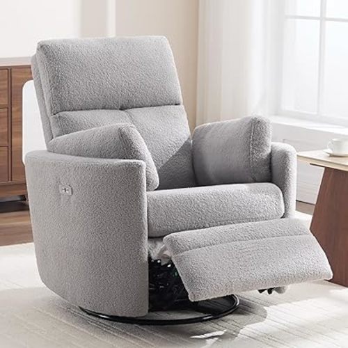 Power Recliner,Nursery Swivel Glider Rocking Chair with USB Port,Upholstered Adult Electric Recliner Rocking Chair with 2 Pillows for Living Room Bedroom(Lightgrey Teddy, Power-Driven)